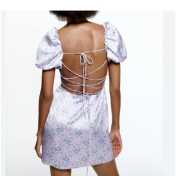 Zara Corset Back Puff Sleeve Satin Mini Dress Medium - Picture 1 of 8